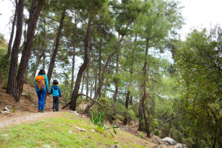 A woman walks with her son through the forest. The boy with his mother go hiking. A child with a...