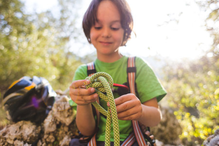 A child learns to knit the safety knot from the rope. Climbing rope for belaying. A little boy is...