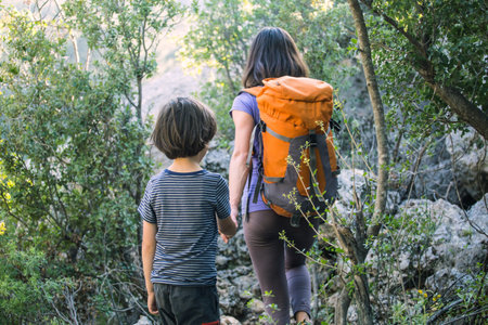 A woman walks with her son through the forest, The boy with his mother go hiking, A child with a...