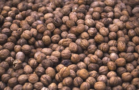 Walnuts on the counter of the Turkish market. Harvest nuts. Harvesting. Source of protein.の写真素材
