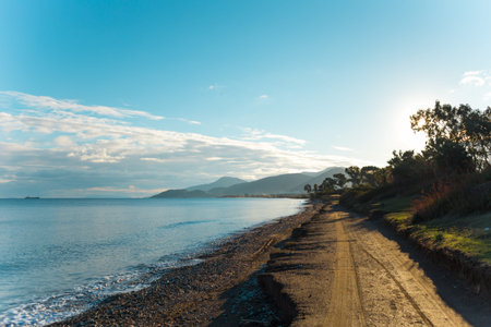beautiful clouds and mountains next to the sea. seascape. coast of Turkey and the city of Datca. road near the sea.の写真素材