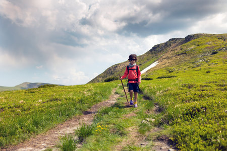boy with a backpack walks along a mountain trail. rest at nature. children's camp.