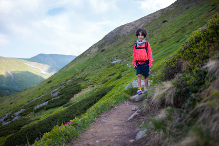 boy with a backpack walks along a mountain trail. rest at nature. children's camp.