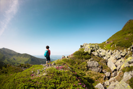 trekking in the mountains with a child, boy with a backpack walks along a mountain trail, outdoor...