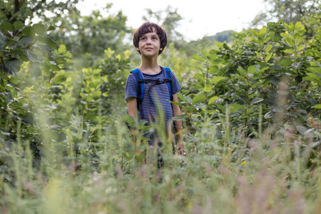 A boy with a backpack walks through the forest, a child explores wildlife, a kid stands alone among...