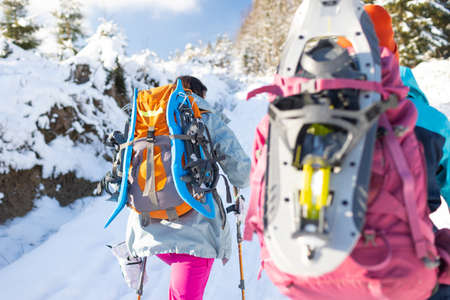 Two women walk with snowshoes on the backpacks, winter trekking, two people in the mountains in winter, hiking equipmentの写真素材