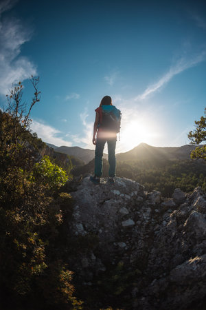 A woman with a backpack climbed to the top and looks into the distance, hiking in the mountains,...