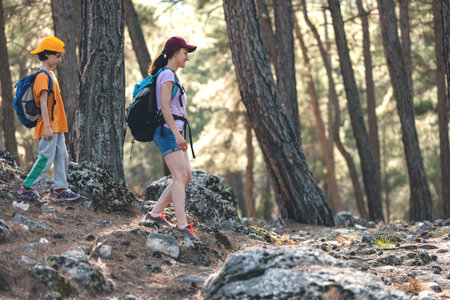 A woman walks with her son through the forest, The boy with his mother go hiking, A child with a...