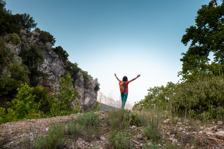 A young woman with a backpack climbed to the top of the mountain and looks at the valley, hiking in the mountains, success in achieving the goalの写真素材