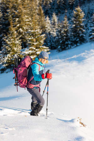 A woman walks in snowshoes in the snow, winter trekking, a person in the mountains in winter, hiking equipmentの写真素材