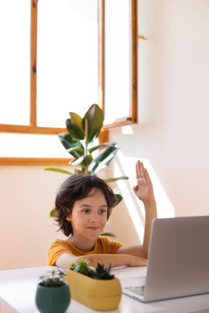 child boy is using a laptop and study online with video call teacher at home, homeschooling, distant learning, online education, child on online lesson, distance educationの写真素材