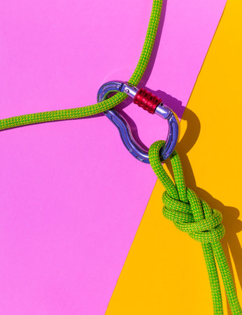 carabiner with a rope lies on a colored background. Equipment for climbing and mountaineering. safety rope. the concept of reliability and strength. copyspace.の写真素材