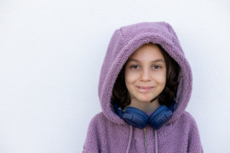 teenager in headphones and a purple hidi is standing on the street. Style boy. style and youth.の写真素材