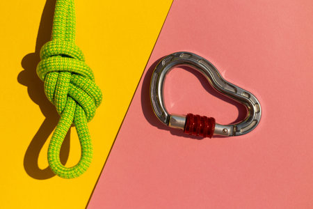 carabiner with a rope lies on a colored background. Equipment for climbing and mountaineering....