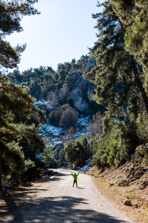 A boy with a backpack raises his hands up and rejoices in the middle of a forest road, a child explores wildlife. Travel and hiking.の写真素材