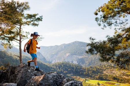 Travel child. tourist with a backpack goes along a mountain path. hiking and active healthy lifestyle. adventure holidays with children.の写真素材