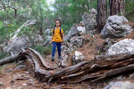 Adventure and travel. a little boy with a backpack is walking along a forest path. hiking with children. child in the forest.の写真素材