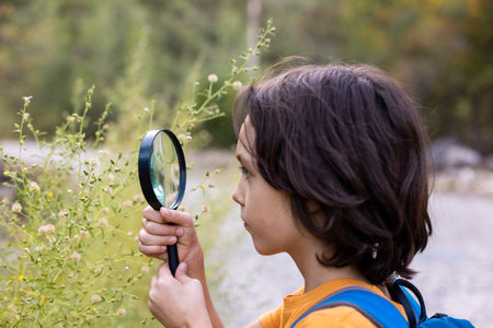 The boy is studying nature with a magnifying glass. A small child looks at a sheet with a magnifying...
