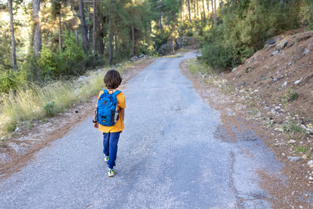 a child with a backpack goes along a mountain road. children's trip. weekend with kids.