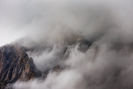 Passing clouds over a landscape in Turkey with mountain peaks in the background. Landscape of mountain range and mountains. mountaineering in Turkey. Dedegol. Turkey.の写真素材