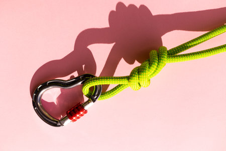Steel carabiner with clutch. Equipment for climbing and mountaineering. safety rope.の写真素材