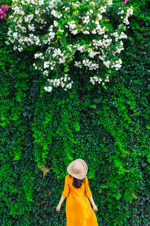 young girl in a hat and yellow dress stands against a wall with green bushes. happy girl on vacation.の写真素材