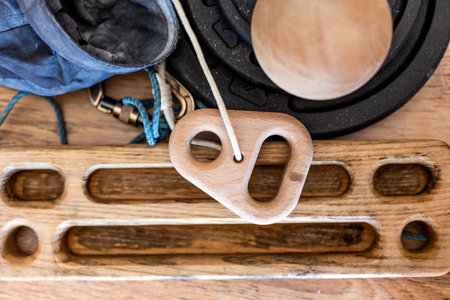 climbing equipment. finger and hand strength training. wooden finger trainers. fingerboard and hangboardの写真素材