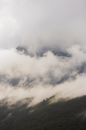 mountain landscape. rain clouds over the forest. Turkey.の写真素材