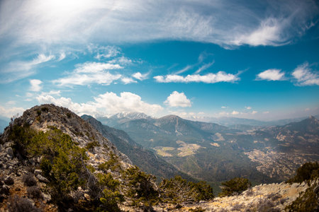 Beautiful Turkish mountains at sunset, picturesque nature, the rays of the setting sun, Turkey travelの写真素材
