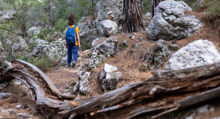 Adventure and travel. A boy with a backpack walks along a forest path. trips with children. child in...