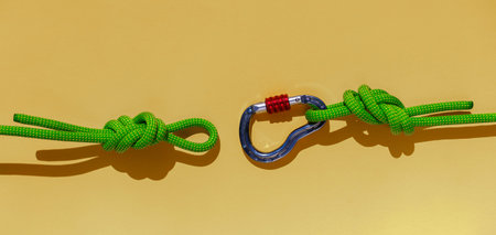 rope with a secure knot and a carabiner lies on a colored background. Equipment for rock climbing...