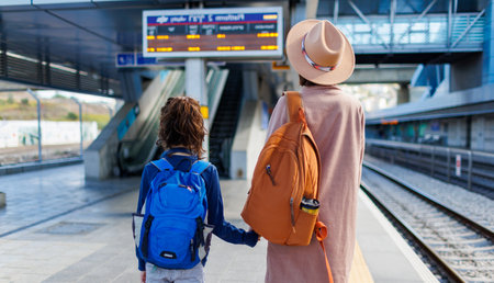 mother and her son at the railway station. Mom and child with backpacks are waiting for the train on the platform. The family is ready to travel. We are going on vacation with small children.の写真素材