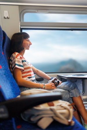 train travel. Young woman enjoying a train ride with a camera. tourist takes pictures of beautiful tourist places on camera. film camera the girl uses a film camera.の写真素材