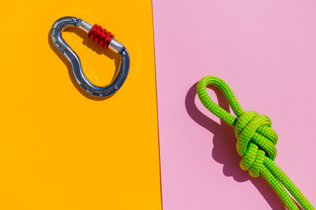 rope with a secure knot and a carabiner lies on a colored background. Equipment for rock climbing...