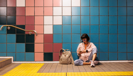 Traveling by public transport. Young woman waiting for train at station. girl in subway. Young girl...