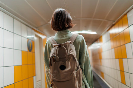 Travel concept. Woman traveler tourist walking with backpack at station, train travel.
