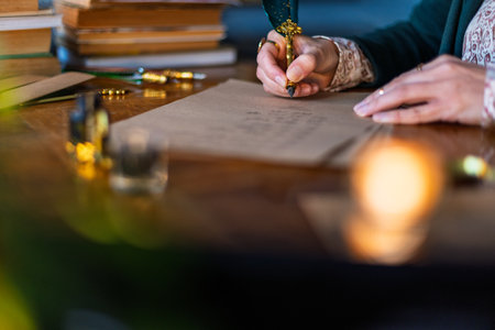 woman with a quill pen and ink. A girl dips a quill pen into ink and writes. A young woman writes a letter with a fountain pen.の写真素材