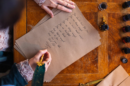 woman with a quill pen and ink. A girl dips a quill pen into ink and writes. A young woman writes a letter with a fountain pen.の写真素材