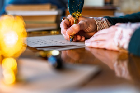 woman with a quill pen and ink. A girl dips a quill pen into ink and writes. A young woman writes a...