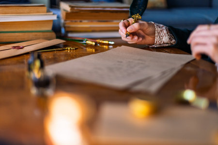 woman with a quill pen and ink. A girl dips a quill pen into ink and writes. A young woman writes a letter with a pen.の写真素材