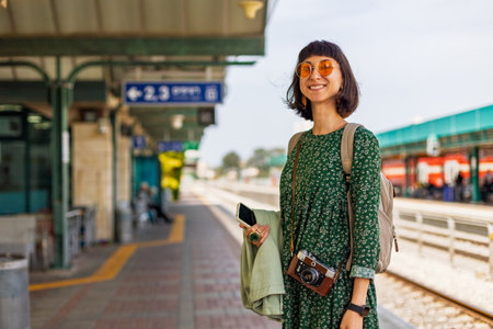 Stylish young girl with backpack standing on platform waiting for train. Travel and adventure.の写真素材