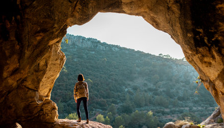 A young traveler with a backpack explores the caves. excursion to the cave. girl travels with a backpack. travel and hiking.の写真素材