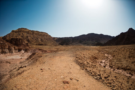 View of dry desert valley. Trekking in the desert. Eilat. Israel.の写真素材