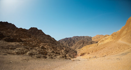 View of dry desert valley. Trekking in the desert. Eilat. Israel.の写真素材