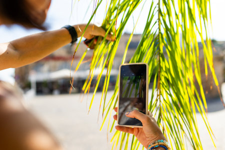 Girl with phone taking a photo of palm tree. Girl walking around old city in Arab country taking photos. Happy tourist.の写真素材