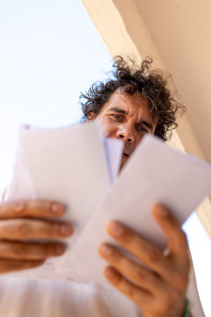 A view from below of a young man reading a letter while standing near a mailbox. Postal services.の写真素材