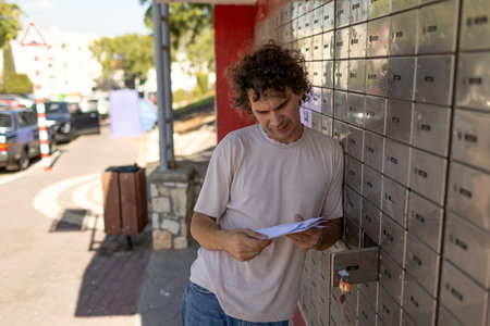 A young man stands at a mailbox with envelopes and reads a letter. Mail recipient. A man stands on the street and holds envelopes in his hands. Postal services.の写真素材