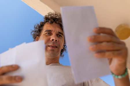 A view from below of a young man reading a letter while standing near a mailbox. Postal services.の写真素材