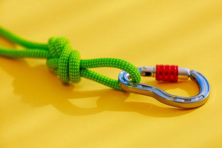 Rope with a secure knot and carabiner. Equipment for rock climbing and mountaineering. reliable connection. Safety rope. concept of reliability and durability.の写真素材