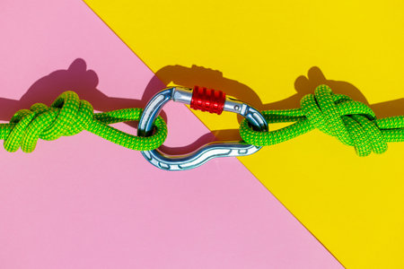rope with a secure knot and a carabiner lies on a colored background. Equipment for rock climbing and mountaineering. reliable connection. Safety rope. concept of reliability and strength.の写真素材